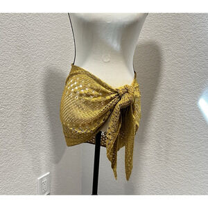 Mustard Open Knit Crochet Tie Front Beach Swim Cover Up Shawl Skirt Size M Boho